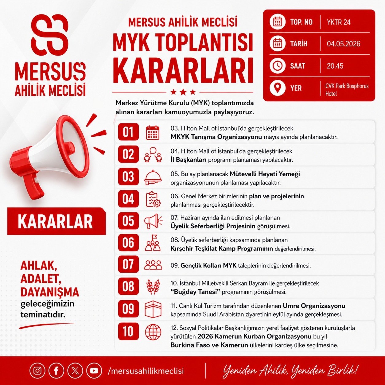 MERSUS AHİLİK MECLİSİ MERKEZ YÜRÜTME KURULU (MYK) KARARLARI